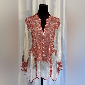 Johnny Was Red Embroidered Sheer Blouse